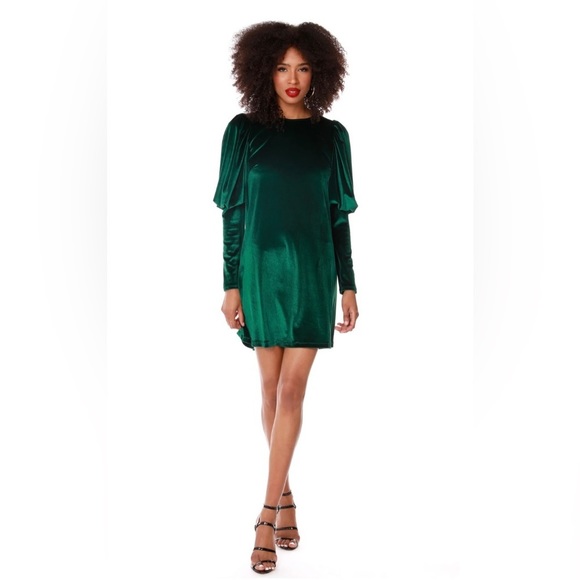bobi Dresses & Skirts - NWT Revolve Bobi Black Hunter Green Velvet Puff Sleeve Shift Mini Dress Size M
